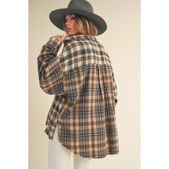 Noelle Oat Oversized Flannel Button Patchwork Long Sleeve Shirt - Picture 3 of 3